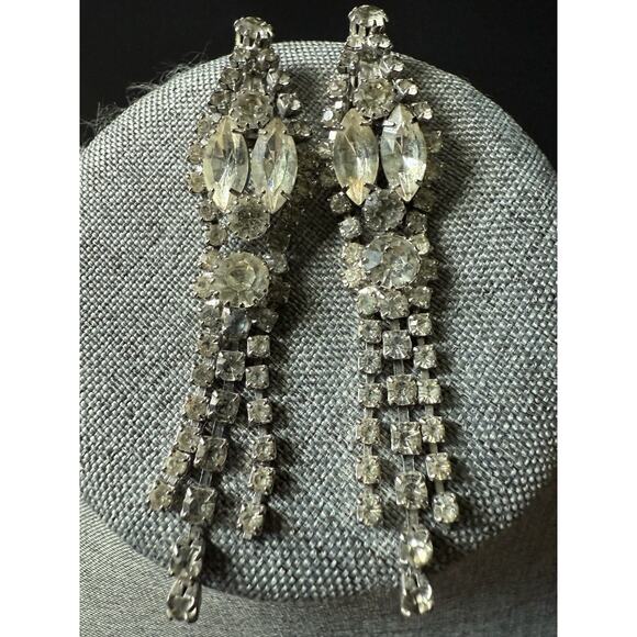 Vintage Rhinestone Earring Dangle Drop Chandelier Clear Hanging Pierced Formal - Picture 1 of 4
